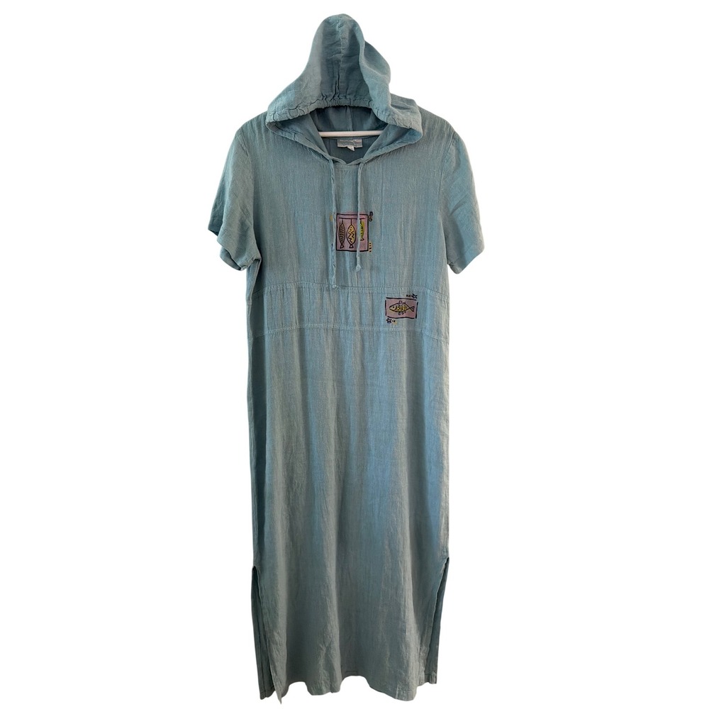 Chalet Blue 100% Linen Hooded Maxi Dress Fish Art to Wear Womens Medium USA